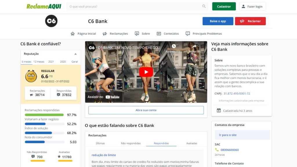 Print do Reclame Aqui Banco C6 é confiável