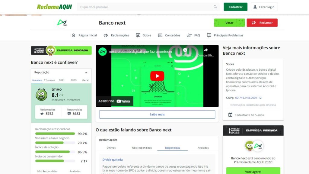 Print do Reclame Aqui Banco Next