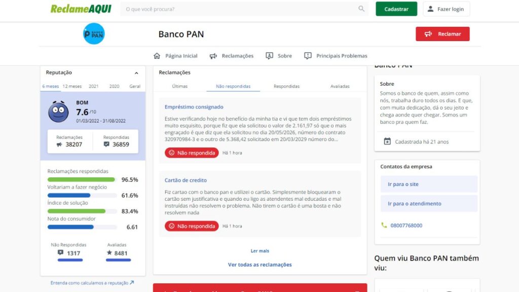 Print do Reclame Aqui Banco Pan