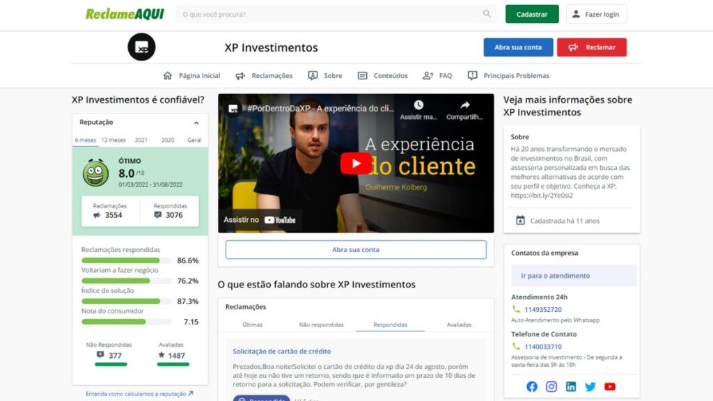 Print do Reclame Aqui da XP Investimentos