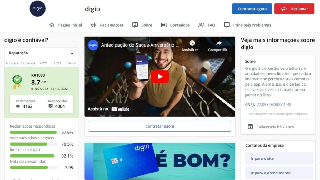 Banco Digio no Reclame Aqui