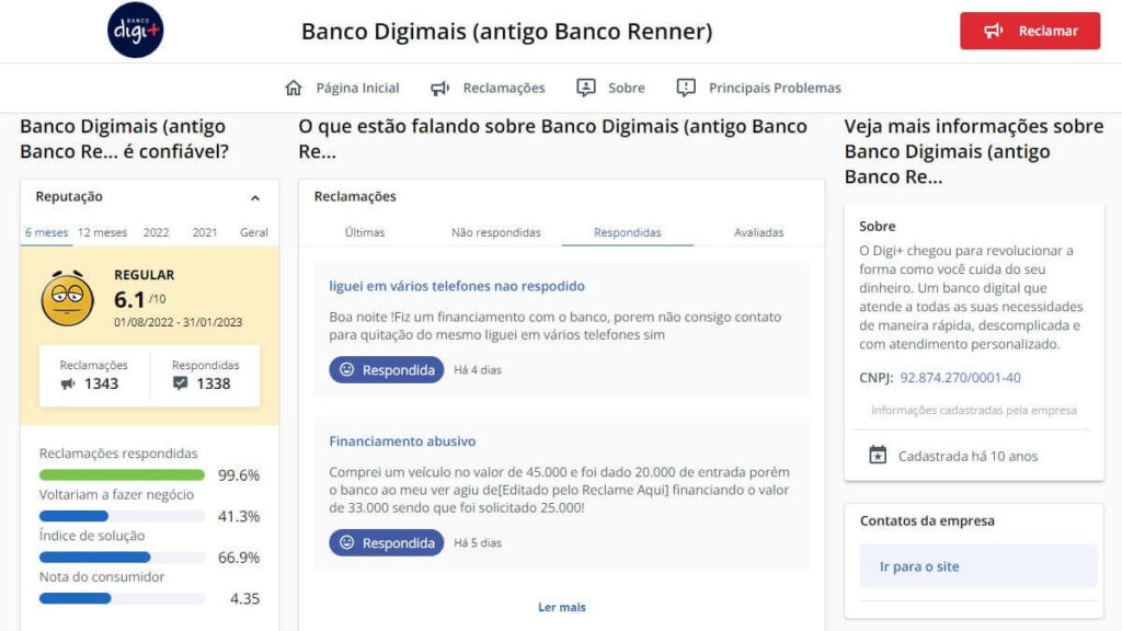 Banco Digi+ no Reclame Aqui