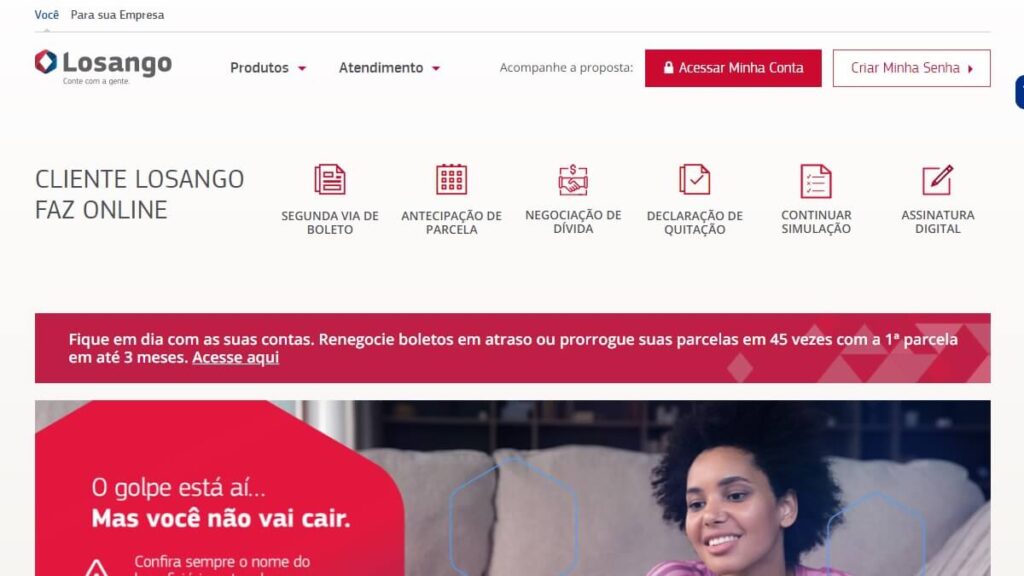 Página inicial do site do Banco Losango