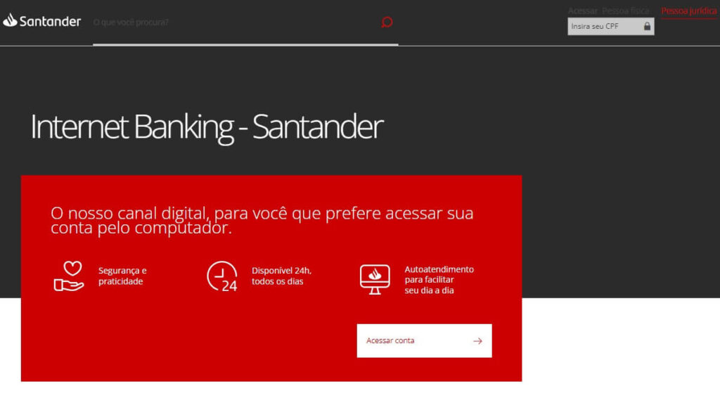 Página do Internet Banking do Santander