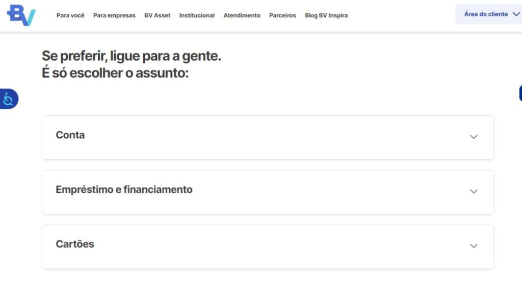 Print Screen dos canais de atendimento do Banco BV. 